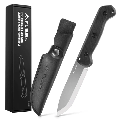 FLISSA 9&amp;#034; Fixed Blade Knife D2 Steel Hunting Knife G10 Handle Leather Sheath NEW