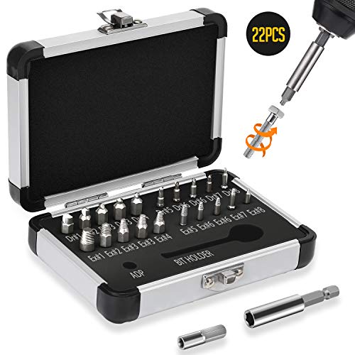 Jellas 22PCS Damaged Screw Extractor, Screw Extractors with 64-65 HRC Hardness, Separate Burnishing and Extracting Bits, Magnetic Extension Bit Holder and Adapter for Damaged Screws or Bolts 2-12mm