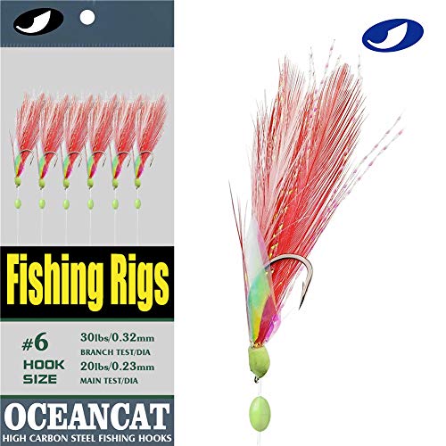 OCEAN CAT 10 Packs White and Red Feather Fish Skin Fishing Rigs Freshwater Saltwater Lures with Rainbow Soft Rubber Steel String Hooks Fishing Lures Baits