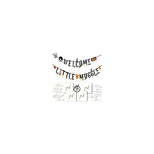 Baby Shower Banner and Lightning Bolt Tattoos for Magical Themed Baby Shower Party Decorations, 1 Set Banner, 16 Pack Tattoos, Black