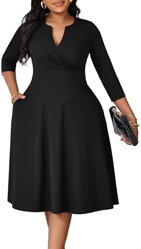Runwind Womens Plus Size Midi Dress 34 Sleeve Fit and Flare Cocktail Dresses Casual V-Neck Dress with Pockets