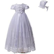 Baby Girls Delicate Lace Baptism Classic Satin Christening Gown with Hat for NB-12 Months