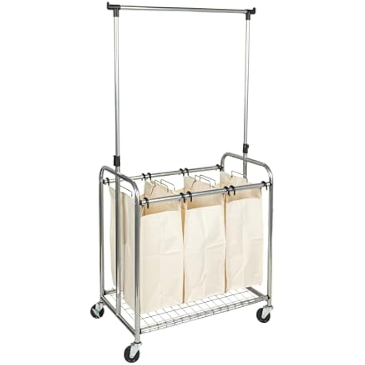 Household Essentials 3-Bag Laundry Sorter with Clothes Rack, Silver, Lightweight, Removable, Sturdy