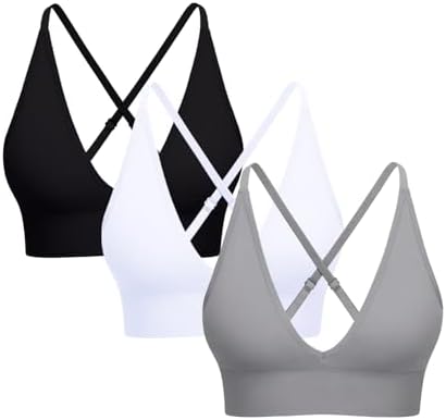 V Neck Adjustable Spaghetti Straps Sports Bra for Women, Padded Criss Cross Back Longline Yoga Bra Workout Crop Top Multipack