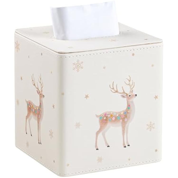 Christmas Tissue Box Cover Square, PU Leather Tissue Box Holder with Magnetic Closure for Bathroom Livingroom Bedroom, Christmas Decorations Cube Tissue Holder Reindeer