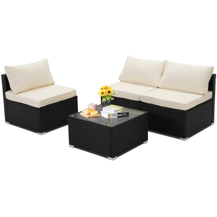 4 Pieces Patio Furniture Sets, Outdoor Rattan Sectional Sofa, PE Wicker Sofa with Cushions for Garden, Porch, Backyard