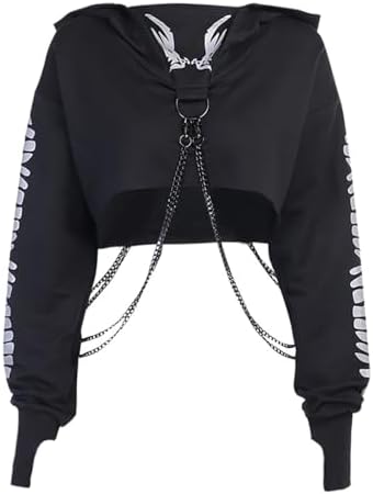 AULKEEP Womens Goth Chain Hoodie Gothic Long Sleeve Mask Sweatshirt Darkness Punk Print Sweatshirt