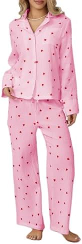 Seyurigaoka Womens Valentines Pajama Sets Cotton Pj Set Cute Heart Print Long Sleeve Button Shirt+Pants 2 Pieces Loungewear