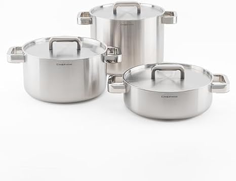 316 Stainless Steel 3-Piece Pot Set (6 Qt Soup Pot + 3.8 Qt Brazier + 8.5 Qt Stock Pot) with Lids, 5Ply, Induction Compatible, Dishwasher Safe, Oven Safe, Silicone Handle