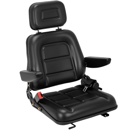 Universal Tractor Seat, Forklift Seat Replacement Riding Lawn Mower Seat with Adjustable Headrest, Backrest, Armrest and Seatbelt for Garden Bucket Excavator Backhoe Dozer Loader