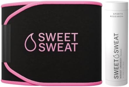 Sports Research Waist Trimmer Pack - Sweet Sweat Waist Trimmer (Black/Pink, Small) & Workout Enhancer Roll-On Gel (Coconut Scent)