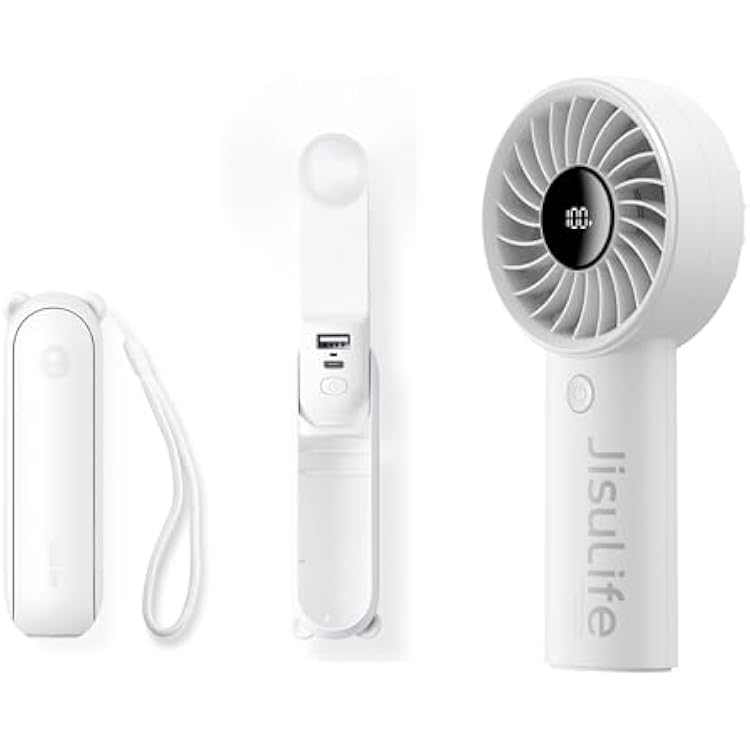 JISULIFE 3 IN 1 Hand Fan with Power Bank, Flashlight & 2024 Powerful Handheld Fan Life4 with LED Display