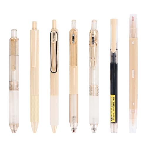 Buqoo Gel Pen, 7Pcs Cafe Latte Retractable Gel Pens Quick Dry Ink Pens 0.5mm Black Ink Pen with Highlighter, Various Styles of Pens for School Home Offic