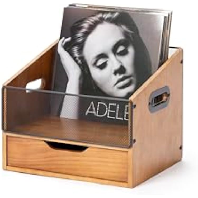 Vinyl Record Storage Holder Crates Vinyl Record Album Holder, Wood & Metal Album Storage Desktop Organizer Box with Handles