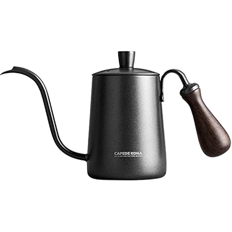 CafedeKona Gooseneck Pour-Over Coffee Kettle with Black Ebony Wood Handle 20oz600ml Stainless Steel for Drip Coffee Tea Precision-Spout Matte Black