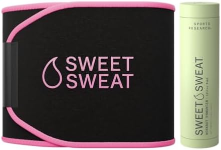 Sports Research Waist Trimmer Pack - Sweet Sweat Waist Trimmer (Black/Pink, Small) & Workout Enhancer Roll-On Gel (Citrus Mint)
