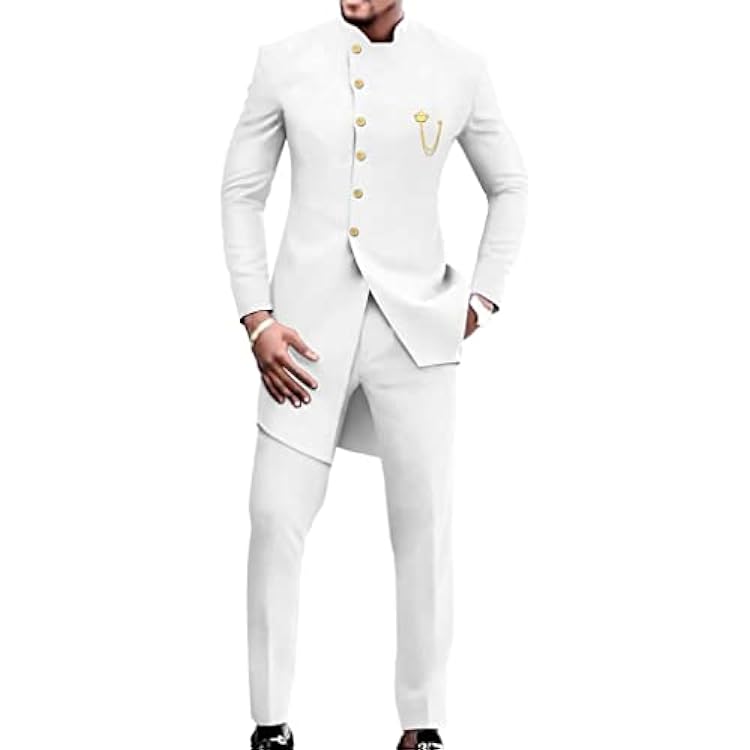 Mens 2 Piece Party Suit African Dashiki Shirt Long Sleeve Tux Blazer & Pants Formal Wedding Outfit Suit Tracksuit Color : White, Size : X-Large