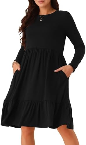 Seta T Womens Casual Long Sleeve Tiered Round Neck Beach Vacation Loose A- Line Swing Dress with Pockets