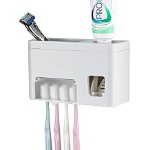 LUEXBOX Self Adhesive Toothbrush Holders Wall Mounted, Multifunction Toothpaste Stand with Covers, Automatic Toothpaste Dispenser for Bathroom, Toothbrush Hanger Rack for Dorm, Cabinet