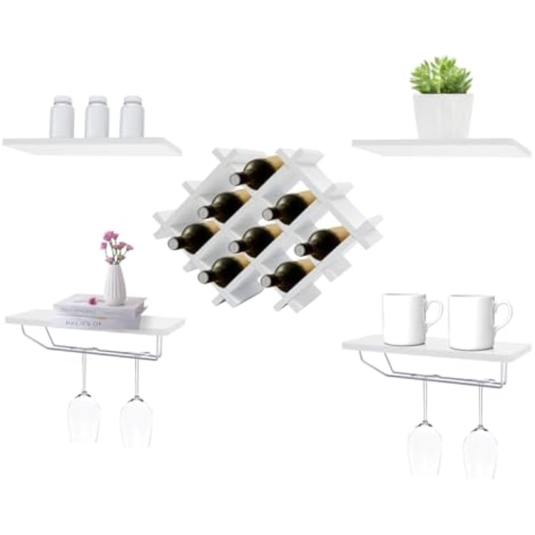 Wood Wine Rack, Wall Mounted Wine Holder Storage Shelves Wine Bottle Rack Glass Cup, Wine Display Storage Holder for Dining Room Kitchen Bar, Wall Decor Floating Shelves Wine Shelf White
