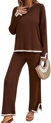 Xixiuly Womens 2 Piece Outfit Sweatsuit Long Sleeve Knit Pullover Sweater Tops Wide Leg Pants Casual Lounge Sets Tracksuits