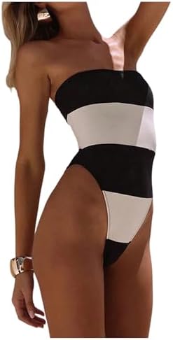 Womens Strapless One Piece Swimsuit Sexy Striped Bandeau Bathing Suit for Beach Vacation Swimwear