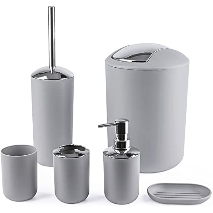 Papillon Bathroom Accessories - 6 Piece Plastic Gift Toothbrush Holder,Toothbrush Cup,Soap Dispenser & Dish,Toilet Brush Holder,Trash Can,Tumbler Straw Set Gray