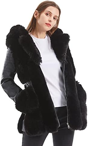 GRAN ORIENTE Womens Faux Leather Jacket with Faux Fur Lining and Collar Warm Winter Long Sleeve Coat Zipper Parka with Belt