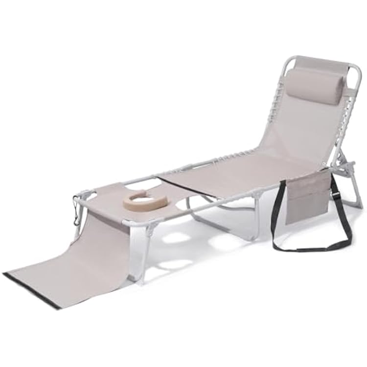 Tanning Chair with Face & Arm Hole- Chaise Lounge Beach Chair for Outdoor Pool, Sunbathing and Reading on Stomach- Versatile Folding Lounger for Tanning Beige Textilene