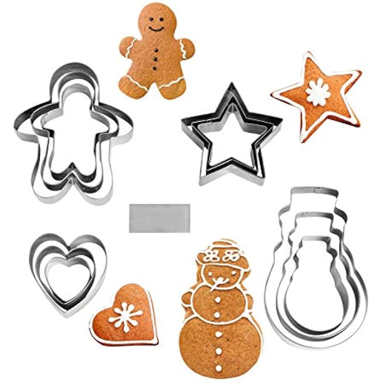 NewlineNY Cookie Molds Cutters Sets: Stainless Steel 13 Pieces Cookie Mold Biscuit Pastry Cutter Set, Man, Star, Heart, Snowman & a Cutter Blade
