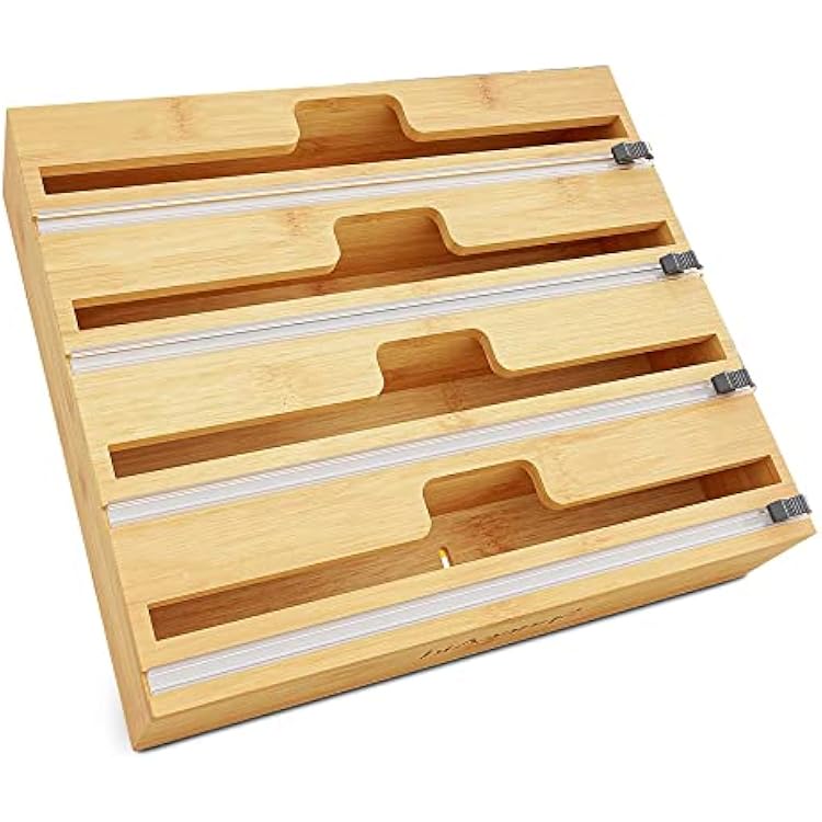 Plastic Wrap Dispenser with Cutter, Foil Dispenser with Cutter Wrap Organizer, with Slide Cutter for Kitchen Drawer, Bamboo Roll Organizer Holder,4grids