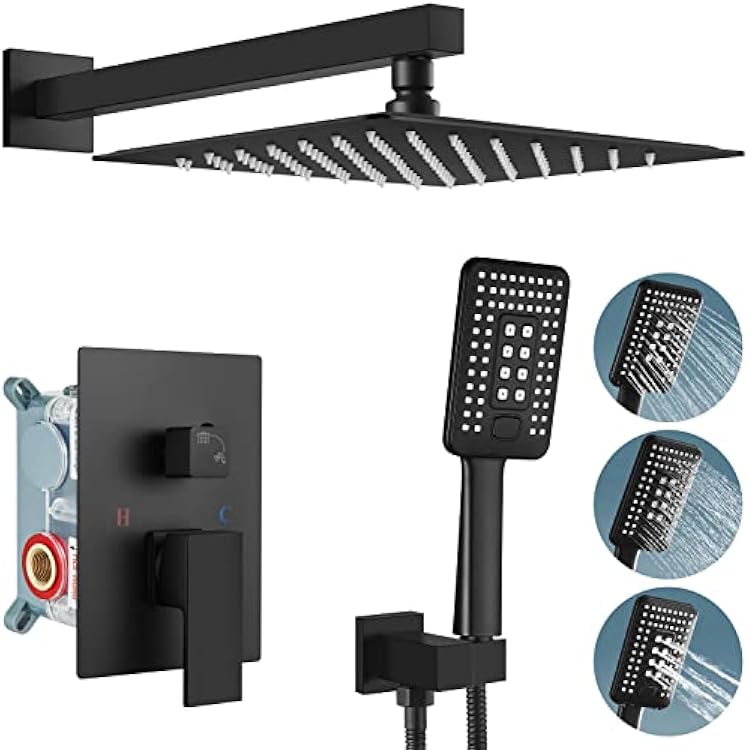 Aolemi 10 Inch Rainfall Shower System Matte Black Shower Head Set with 3 Functions ABS Handheld Shower Luxury Rough-in Valve and Trim Included Wall Mount Bathroom Shower Mixer Faucet