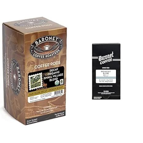 Baronet Coffee Pods - Decaf Organic Small Village & Breakfast Blend [10 Gram, 54 Pods Each Flavor] Single Cup Use, Like Senseo