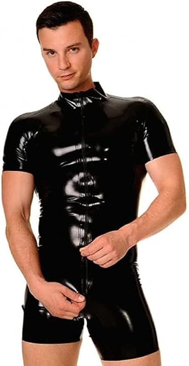 Male Sexy Black Rubber One-Pieces Mens Latex T-shirt Latex Shorts with Front Zip