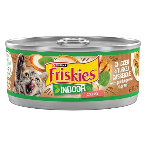 Purina Friskies Indoor Cat Food Chunky Chicken and Turkey Casserole With Garden Greens in Gravy 245.5 Oz - Pack of 24 5.5 Oz. Cans