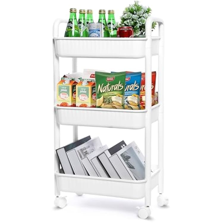 Simple Deluxe Rolling Storage Cart, 3 Tier Slim Mobile Shelving Unit 360° Rotating Wheel Lockable Utility Cart, Ideal for Office, Kitchen, Bathroom, Laundry and Narrow Spaces, White