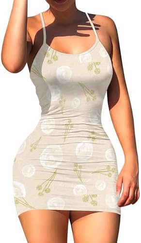 Womens Mini Sexy Bodycon Dress Summer Beach Sundress Ruched A-Line Spaghetti Strap Printed Wrap Party Club Dresses