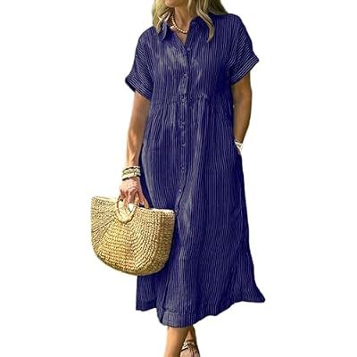 chouyatou Womens Summer Striped Midi Long Shirt Dress Casual Loose Short Sleeve Button Down Dress