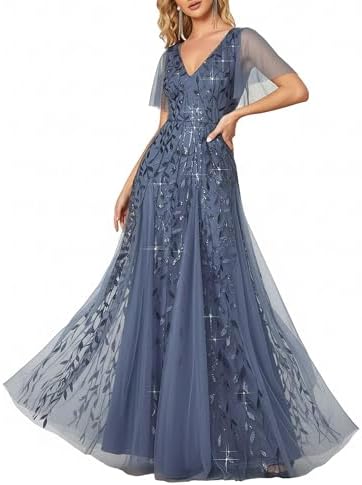 Ever-Pretty Women's Sequin Formal Dress Sparkly V-Neck Short Sleeve A-Line Floor Length Prom Evening Gown 0736