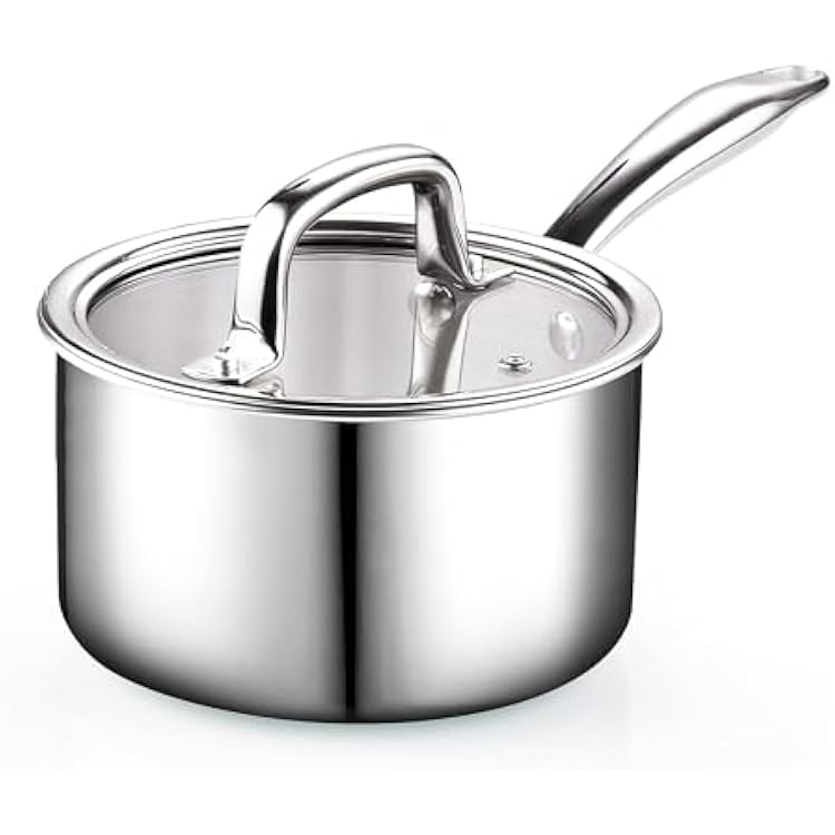 Cook N Home Stainless Steel Sauce Pan with Lid, 3 Quart 3-Ply Full Clad Small Kitchen Pot, Dishwasher & Oven Safe, Compatible w All Cooktops
