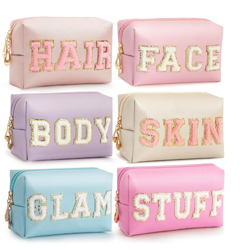 HBselect Preppy Makeup Bag 6 Pcs Travel Toiletry Bag Chenille Letter Patch Makeup Bag Portable Cosmetic Bag for Women PU Leather Waterproof Organizer Make up Bag for Women Girls