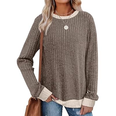 Sampeel Womens Tops Long Sleeve Shirts Lightweight Sweaters Loose Fit Crewneck Color Block Fall Fashion Outfits