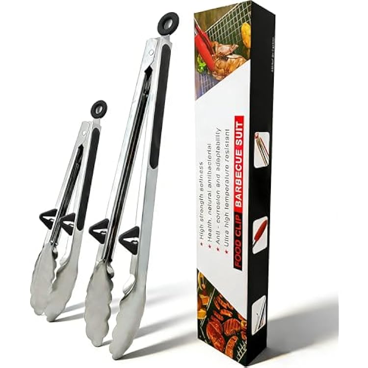 Kitchen Grilling Tongs 912, 2Pcs Stainless Steel Tong for Cooking with Stand, Food Grade Small Serving Tong for Barbecue Salad, Black