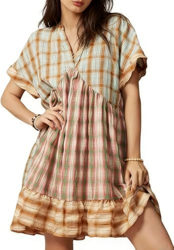 Women Boho Floral Babydoll Mini Dress Y2k Puff Sleeve Ruffle Flowy Short Dress Cute Summer V Neck Patchwork Dresses