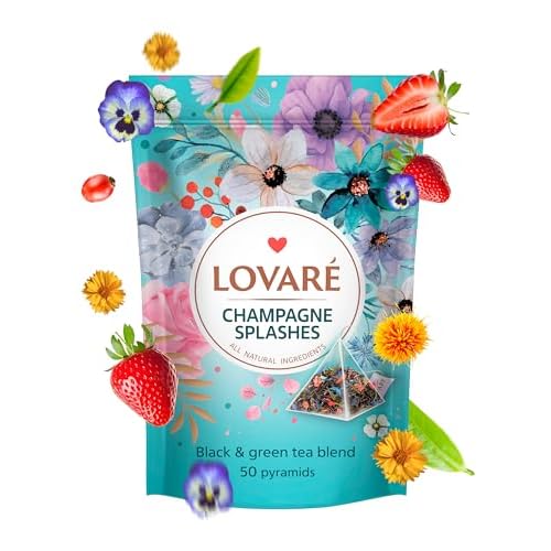 LOVARE Sparkling Splashes Tea Pouch - Pyramid Tea Bags 50 Pack x 2 g - Made in Ukraine - Doypack with Black and Green Tea, Strawberry, Cornflower & Safflower, Goji - Flavored Tea Pyramid Bags