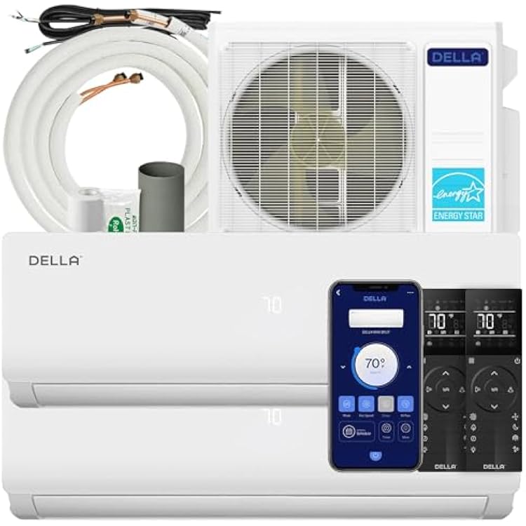 DELLA 20K BTU ODU 2 Dual Zone 9000 9000 BTU Wifi Mini Split AC Work with Alexa, Energy Efficient, 20 SEER2 208-230V Cools Up to 800 Sq.Ft Multi Zone Ductless Pre-Charged Heat Pump, 16ft Installation