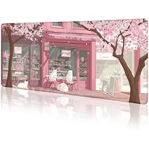 LIMKRIAN Cat Mouse Pad Large Desk Mat, Pink Cherry Blossom Computer Mousepad with Stitched Edges Non-Slip, Keyboard Mouse Pad for Desktop Cute Office Desk Accessories Japanese Dessert House 31.5in