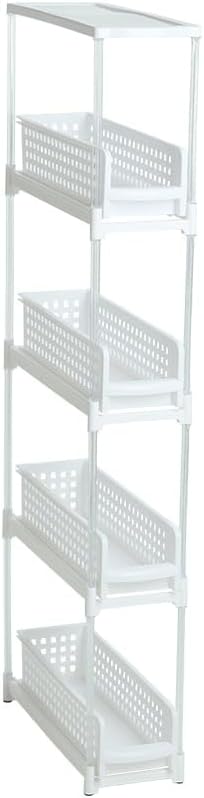 The Lakeside Collection Sliding Drawer Storage - 4-Tier White Plastic Modern Floor Mount Home Organization Bathroom Laundry Room Pantry Closet 7.08 x 17.7 x 36.61 inches