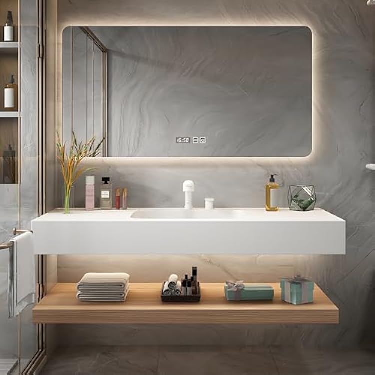 Luxury Modern Bathroom Vanity - with Sink | Wall Mounted Solid Wood Bathroom Vanity Cabinet | with LED Anti-Fog Mirror | Corian Integrated Sink | Multiple Sizes & Colors AvailableBrown,32 in