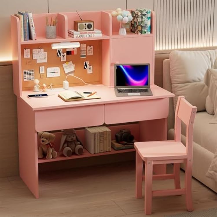 Pink Wooden Kids Study Desk and Chair Set, Childrens Desk with Light and Charging Station, 2 Drawers,Storage Cabinets and 3 Storage Open Shelves, Boys & Girls Study Desk for Bedroom and Kidsroom
